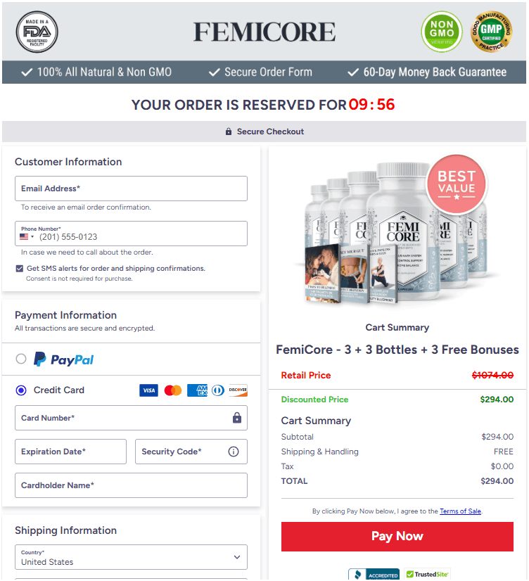 Secure FemiCore online checkout process